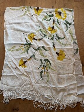 Artisan White Scarf with Yellow Floral Embroidery